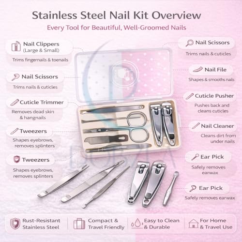 Image of 7pcs Professional Manicure Pedicure Kit Stainless Steel | Nail Clipper Grooming Set with Storage Case | Travel Friendly Nail Care Tools for Men, Women & Teens (Multicolor, 7 in 1)