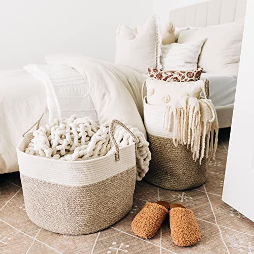 Image of OrganiHaus Round Toy Basket & Blanket Basket, Cotton Rope 20x13 inch | Brown / Off-White - Round Cotton Rope Basket, 20x13 inch