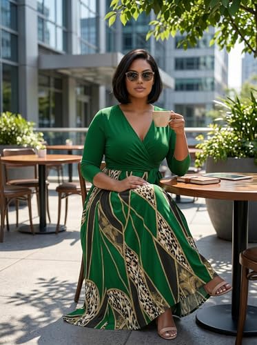 Image of Plus Size Dresses for Women Print Maxi Dresses 3 /4 Sleeve with Belt