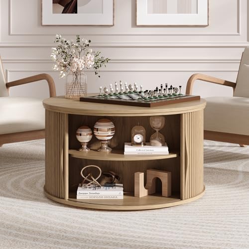Image of JOINICE Round Lift Top Coffee Table with Storage for Living Room,Oak | 31.5 inch Drum Design,Hidden Storage&Open Shelf,Boho Fluted Center Table for Small Apartments,Easy Assembly,Up to 150 lbs