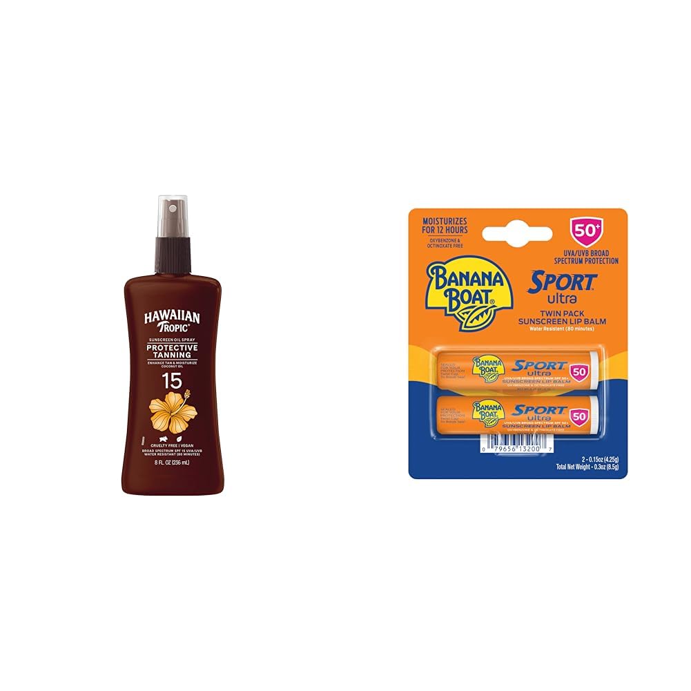 SPF 15 Tanning Oil Spray with Coconut Oil and Cocoa Butter, 8oz & Banana Boat SPF 50 Lip Sunscreen Twin Pack