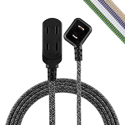Cordinate Designer 3-Outlet Extension Cord, 2 Prong Power Strip, Extra Long 8 Ft Power Cord with Flat Plug, Fabric Braided Cord, Slide-to-Close Safety Outlets, Gray/Black, 42841
