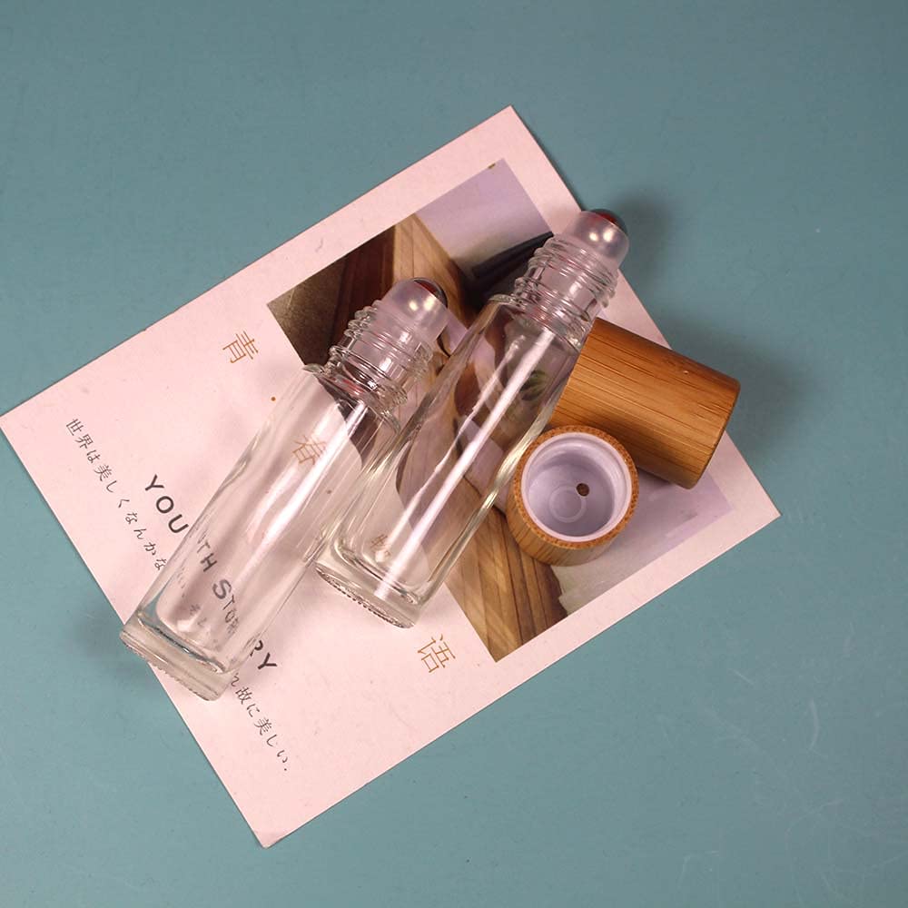 COSIDEA 18 bottiglie a rullo in bambù da 10 ml con tappo in bambù per oli essenziali, vuote, in vetro, per profumo, trasparenti