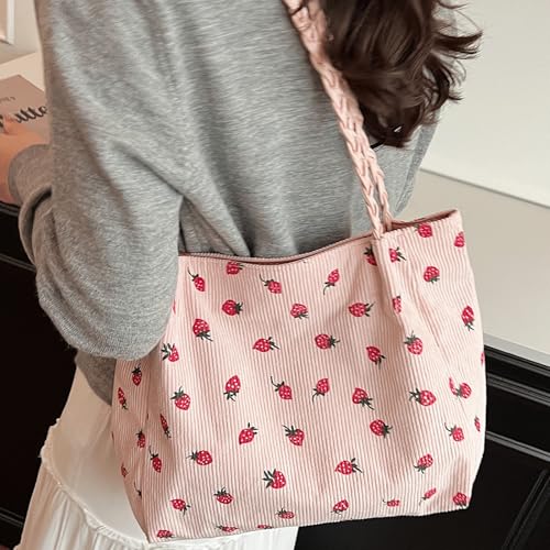 Corduroy Tote Bag Strawberry Soft Slouchy Corduroy Tote Bag With Strawberry Print Cute Large Shoulder Purse with Chain Strap2