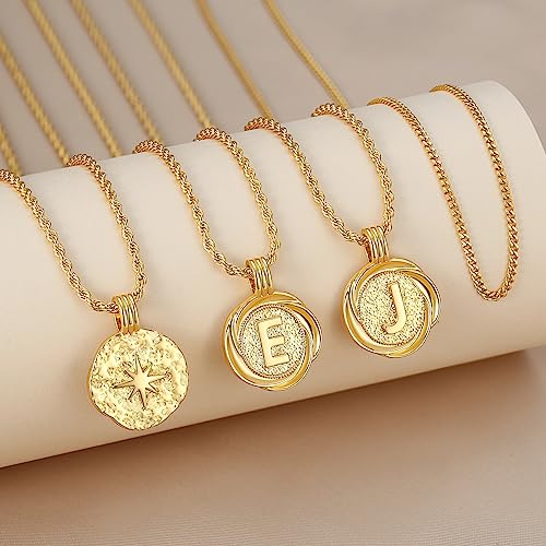 Revemcn Dainty Gold Layered Initial Necklaces For Women, 18K Gold Plated Personalized A-Z Letter Medallion Coin Pendant With Adjustable Rope Link Chain, Trendy Layering Choker Necklace For Women Men (J, Gold) #TOP4