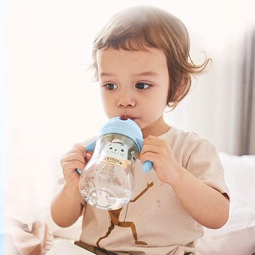 Miniatura 7 de POTATO Vasos para niños pequeños a prueba de derrames con asas y correa, vaso con pajita, 8 onzas, color azul