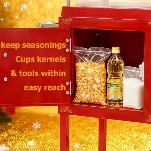 Image of Commercial Popcorn Machine with Cart & Wheels - Popcorn Maker with 26OZ Stainless Steel Kettle, Pop corn Machine Maker for Home, Parties, Movie Theater, Red