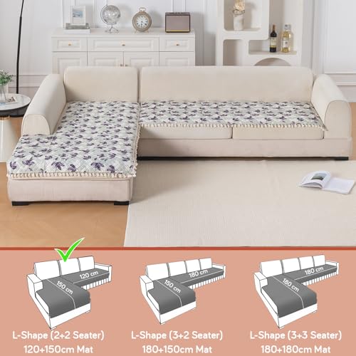 Image of HOKIPO Lavender Vine L Shape (2+2 Seater) Sofa Seat Mat with Tassel| Quilted Sofa Cover Mat, 'Tassel Twigs' Series (IN-983-T1 + IN-984-T1)