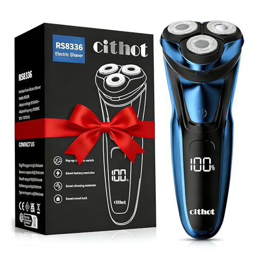 CITHOT Rasoio Elettrico Barba Con 3D Testine Rotanti IPX7 Impermeabile Uomo Con Display LCD Rasatura a Secco o con Schiuma Precisione Senza Fili (Blu)
