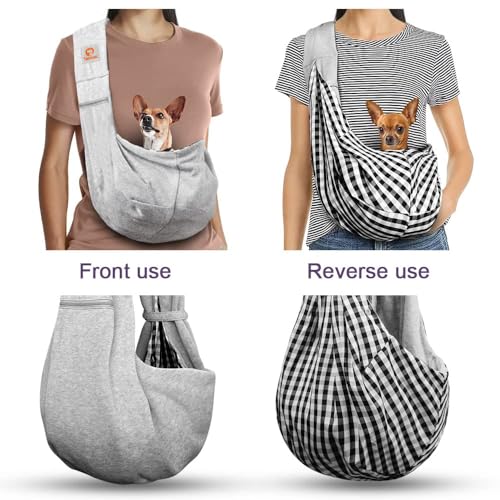 Tomkas Dog Carrier Sling - Pet Carrier for Small Dogs and Cats, Adjustable Strap, Zip Pocket, Snap Closure (Grey, M - Adjustable Strap Eu)
