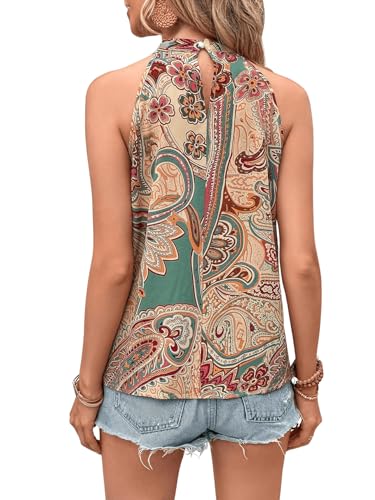 Women's Tropical Paisley Print Halter Blouse Sleeveless Boho Shirt Tops Button Back Vacation Tops2