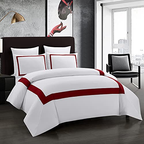 OSVINO Housse de Couette 240x220 cm avec 2 Taie d'oreiller 50x75 Parure de lit Blanche et Bordeaux avec Fermeture éclair en Microfibre Set Housse de Couette 2 Personnes Douce Cover