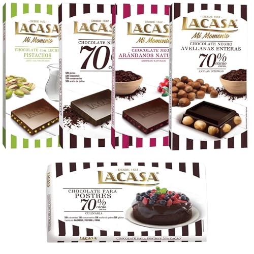 Pack Lacasa 5 deliciosas tabletas de chocolate de distintos sabores y tamaños: arandanos,leche pistacho 90g,negro,culinaria200g, avellana 200g