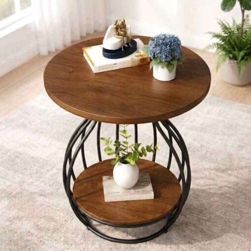 Image of Al Hama 2 Tier Coffee Table: Minimalist Nordic Style White Elegant Round Tables Tea Table Sturdy Metal Frame Corner Table Bedroom Bedside Table (Black Brown)