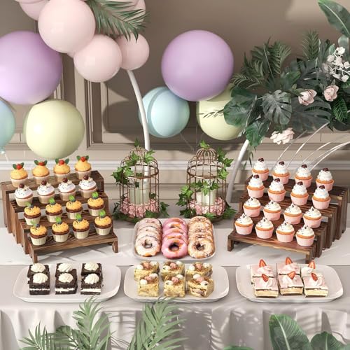 Image of 4 Set Wooden Tiered Risers Display Stands for Vendor Events,Stackable Wood Cupcake Display Stand,Farmhouse Decor Wood Dessert Table Display Set,Vendor Booth Display Items,Food Display Risers for Party