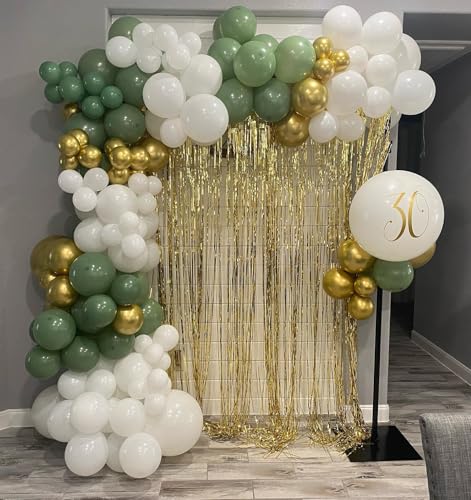 Image of Sage Green White Gold Balloon Arch Kit, 156Pcs Latex Balloons Different Sizes 18 12 10 5 Inch Party Balloon Garland Kit for Baby Shower, Wedding, Engagements, Birthday, Anniversary Decorations