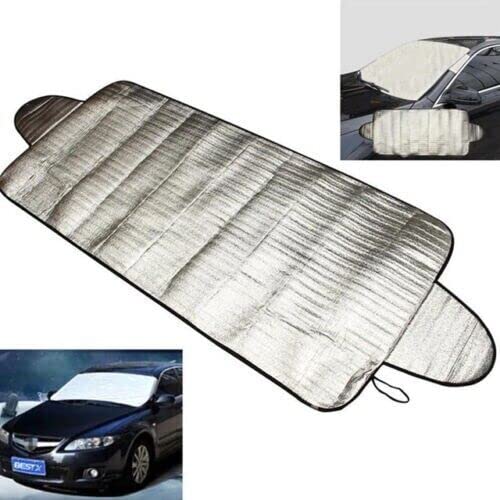Universal Sun & Snow Shade Car Windshield Cover - For Summer & Winter | Ice UV Foil Windscreen Frost Dust | Heavy Duty, Water Resistant Chrome Protector Front Window Screen Anti-ice - Fits Most Cars