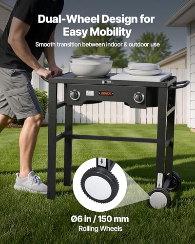 Image of VEVOR 2 Burner Outdoor Propane Gas Stove, 150,000 BTU Propane LPG Gas Camping Stove, Foldable Heavy-duty Carbon Steel Outdoor Cooker, with Wheels & Shield & 20 PSI Regulator, for BBQ Camp Home Patio