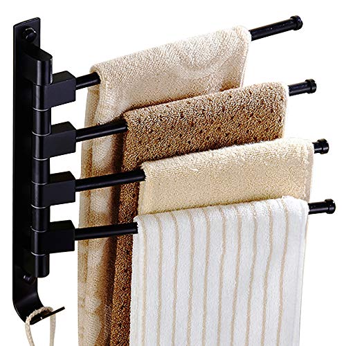 Long Leaf Towel Racks for Bathroom,Swing Out Towel Racks for Bathroom Holder Wall Mounted Towel Bars with Hooks(4-Arm Black)