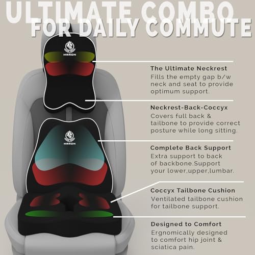 Image of Memory Foam Car Seat Cushion Combo - Backrest, Coccyx Cushion & Neckrest - Orthopedic Support for Back, Tailbone, Sciatica & Neck Pain - Ergonomic Comfort for Car, Office. (Black, Slim Backrest)