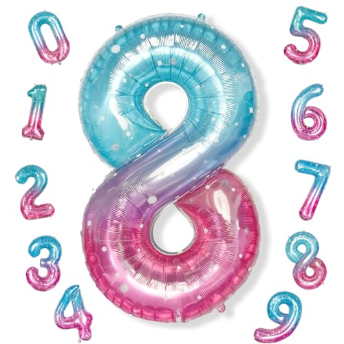 Purple Teal Number 8 Balloons, 40 Inch Giant Mermaid Starry Mylar Foil Number 8 Ballon for Girls, Self Inflating 8th Birthday Helium Balloon for Women 8th Anniversary Party Decorations Supplies