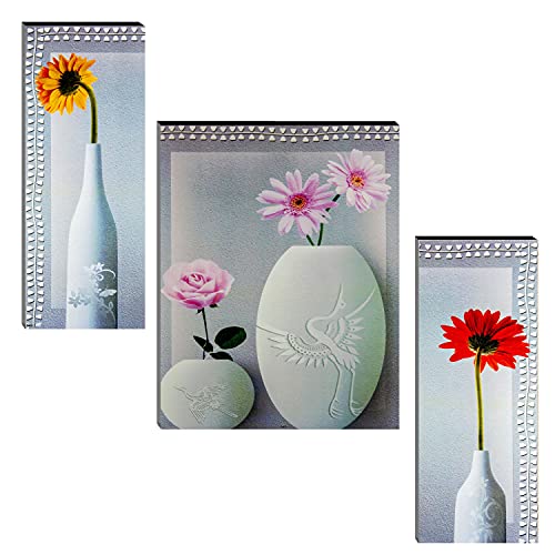 Image of Indianara Set of 3 Red, Pink & Yellow Flowers MDF Art Painting (564FL) without glass 4.5 X 12, 9 X 12, 4.5 X 12 INCH