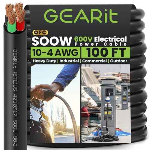 GearIT 10/4 10 AWG Portable Power Cable (100 Feet - 4 Conductor) SOOW 600V 10 Gauge Electric Wire for Motor Leads, Portable Lights, Battery Chargers, Stage Lights and Machinery -100ft Electrical Cord