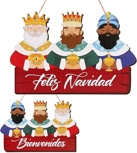 LEMESO Letreiro suspenso de Natal para porta 30 x 20 cm em forma de reis mágicos, cartaz de madeira dupla face para entrada decoração natalícia de casa