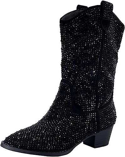 Forever Girls/Kids Rhinestone Western Cowgirl Cowboy Pointed Toe Low Heel Boots River-11K Black 1