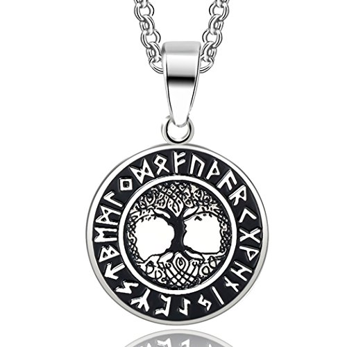 Bijou viking arbre du monde en acier robuste et chaîne argent fin de qualité supérieure