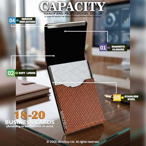 Image of MINI2BUY Customized Business Card Holder for Man&Women Metal Classy Visiting Card Holder for Pocket PU Leather Wallet Slim Cards Case with Metal Magnetic Clasp 20 Cards (6X9.5Cm Brown)