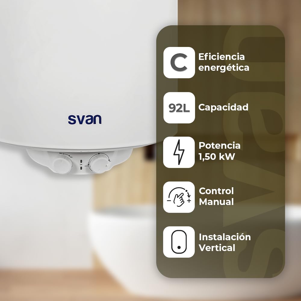 Svan Termo Eléctrico Vertical 92 Litros ST10000. Instalación Vertical, 1500W, Incluye Kit de Montaje, Resistencia de Acero inoxidable, Blanco, Eficiencia Energética Clase C