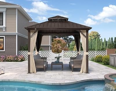 PURPLE LEAF 10’ X 10’ Outdoor Hardtop Gazebo Metal Frame Galvanized Steel Double Roof with Curtains and Nettings for Patio Desk Backyard Bronze