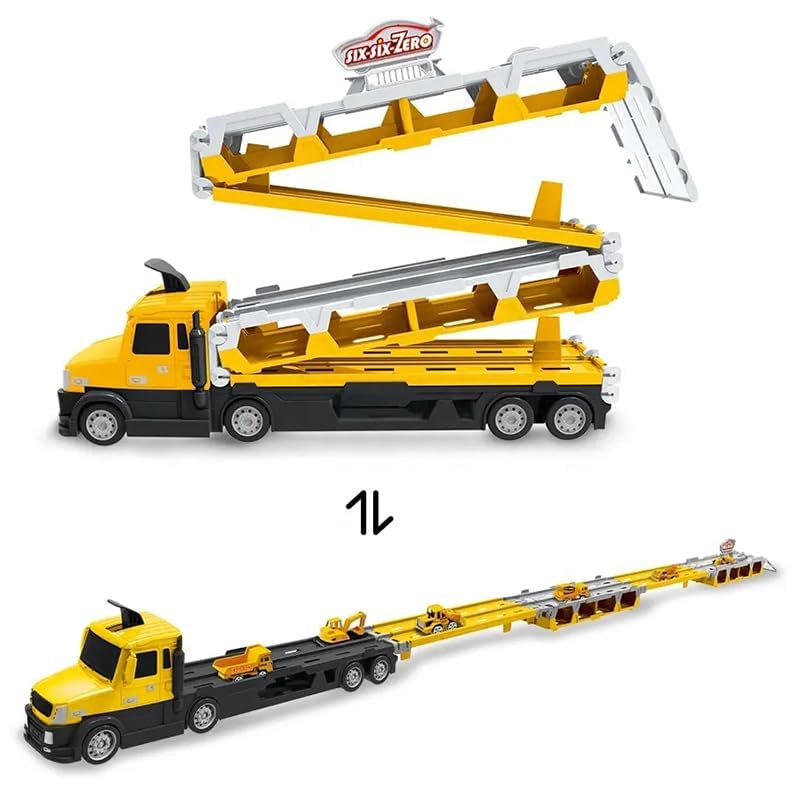 Image of Happy Hues Big Hauler Storage & Deform Truck Toy with 55 inch 2 Ejection Race Track & 6 Die-cast Cars- Catapult Truck with LED Light & Music for Kids (Yellow)