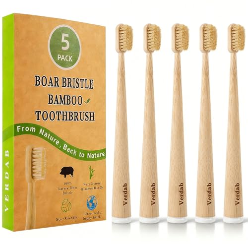 Verdab Boar Bristle & Bamboo Toothbrush (5-Pack) - Natural Premium Wild Boar Bristles - 100% Biodegradable - No Plastic, No Nylon - Self-Standing Design - Natural Toothbrush - Plastic Free Toothbrush