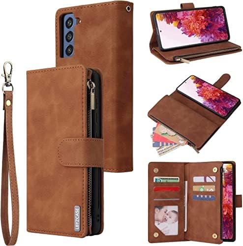 LBYZCASE Phone Case for Galaxy S20 FE 5G(2020),Samsung S20 FE Wallet Case,Luxury Folio Flip Leather Cover[Zipper Pocket][Wrist Strap][Kickstand ] for Samsung Galaxy S20 FE 5G(Fan Edition)-Brown