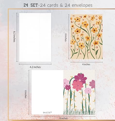 Image of 24 Pack Boxed Floral Blank Greeting Cards with Self-adhesive Envelopes For All Occasion, 24 Unique Floral Designs, No Repeats