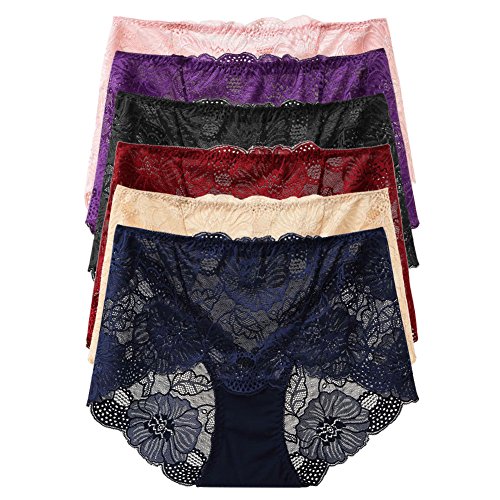 West See Damen 6 pcs Unterwäsche Set Vintage Lace Strings Dessous Blumen Pants Hipster Spitze Durchsichtig Hoch Bund Unterhosen 6er Pack