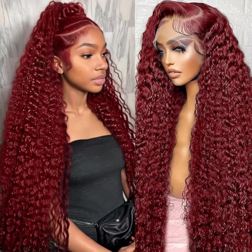 CHEETAHBEAUTY 99J Burgundy 13X6 HD Transparent Lace Front Wigs Human Hair Brazilian Virgin Human Hair Wigs for Black Women Deep Wave Wigs Pre Plucked with Baby Hair 250% Density(28inch)