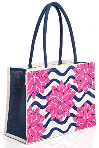 Image of H&B Jute Shopping Tote - Eco-Friendly Carry Bag for Grocery, Travel, Shoulder Handbag - Lotus Flower (Pack of 2 - White & Beige)