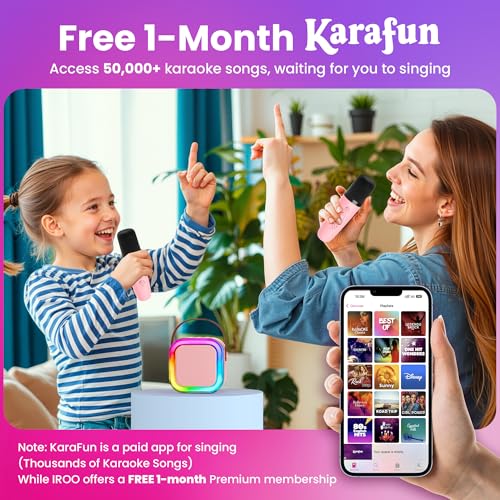 Image of IROO Mini Karaoke Machine for Kids, Birthday Easter Gifts Toys for Girls Boys Friends Age 3-12+, Portable Bluetooth Speaker with 2 Wireless Mics, Karafun Premium Songs Family Home Party(Pinkcolor)