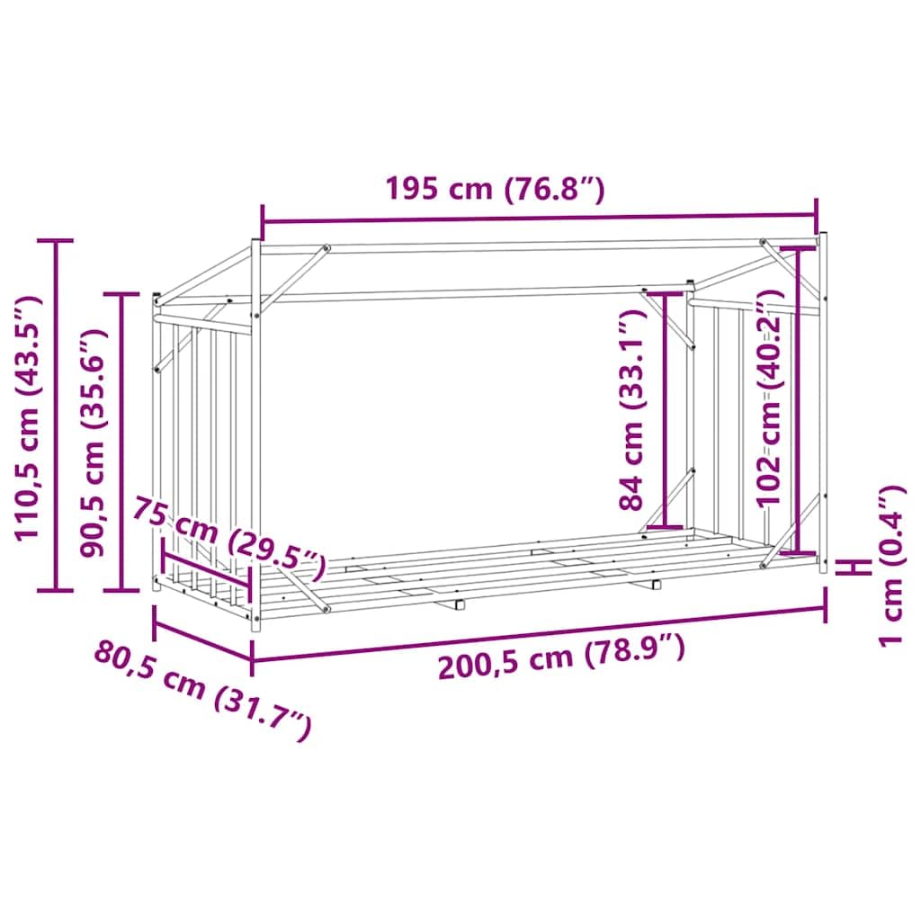 Estantería para leña de acero galvanizado con protección contra la lluvia, 200,5 x 80,5 x 110,5 cm, para guardar leña y leña exterior, con cubierta impermeable