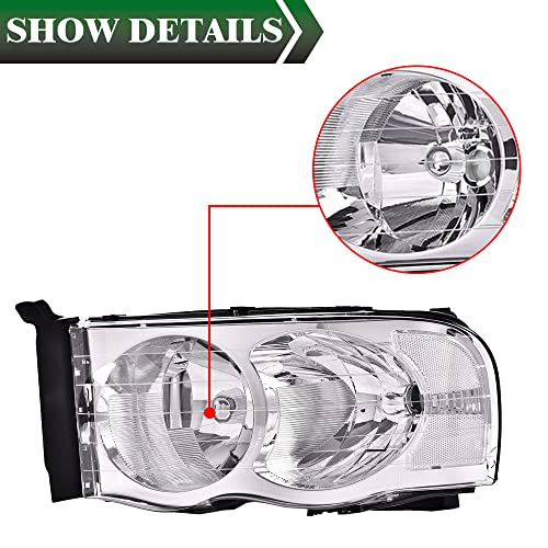 Image of GRAND ORANGE Headlight Assembly Compatible with 2002-2005 Dodge Ram 1500 /2003-2005 Dodge Ram 2500 3500 Clear Lens /Amber Corner Chrome Housing 55077121AF 55077120AF 55077121AG 55077120AG