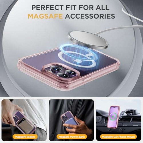 Image of Miracase Magnetic Designed for iPhone 14 Pro Max Case 6.7 inch (Compatible with MagSafe) Upgrade Full-Body Clear Phone Bumper Case with Built-in 9H Tempered Glass Screen Protector, Magnetic Clear Pink