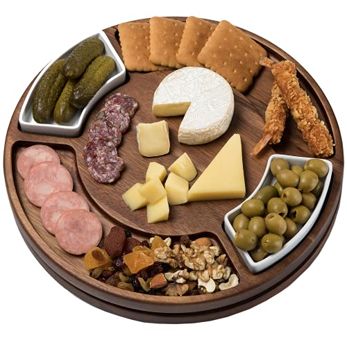Shanik Upgraded Lazy Susan Cheese Cutting Board Set, Round Acacia Charcuterie Board, Cheese Serving Platter with 2 Ceramic Bowls and Craft Shanik Upgraded Lazy Susan Cheese Cutting Board Set, Round Acacia Charcuterie Board, Cheese Serving Platter with 2 Ceramic Bowls and Craft