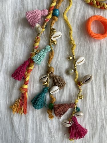 Image of Zippy Flora Boho Handmade Colorful Hair Strings for Navratri /Ethnic Look /Bohemian Styling, Colorful Braided Hairband, Thread Hair Accessories & Extensions (Full Length (20-22inch), Yellow)