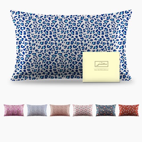 Housse de Coussin en Soie de mûrier avec Fermeture éclair, Taille Queen-Size, Douce, Respirante, Lisse et rafraîchissante pour Le Sommeil, Les Cheveux et la Peau (imprimé léopard/Bleu, 50 x 76 cm, 1