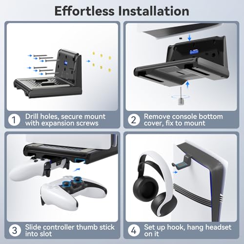 Image of P5 Wall Mount Kit with Controller Holder Compatible with P5 /Slim /Pro Disc & Digital, Pa5 Mount Floating for Gaming Accessories, Compact Pa5 Vertical Wall Shelf Organizer Bracket with Headphone Hook