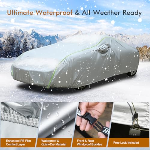 Image of Tecoom Car Cover Waterproof All Weather, Windproof UV Sun Rain Snow Protection Outdoor Full Cover with Top Reflective Strip, Door Zipper, Fit for Coupe /Convertible /Sport Cars (173-182 Inches)