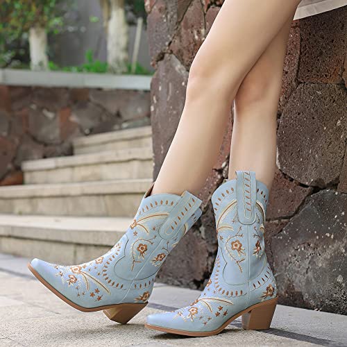 Image of Womens Embroidered Cowgirl Boots Pull On Cowboy Boots for Women Floral Low Chunky Heel Western Boots